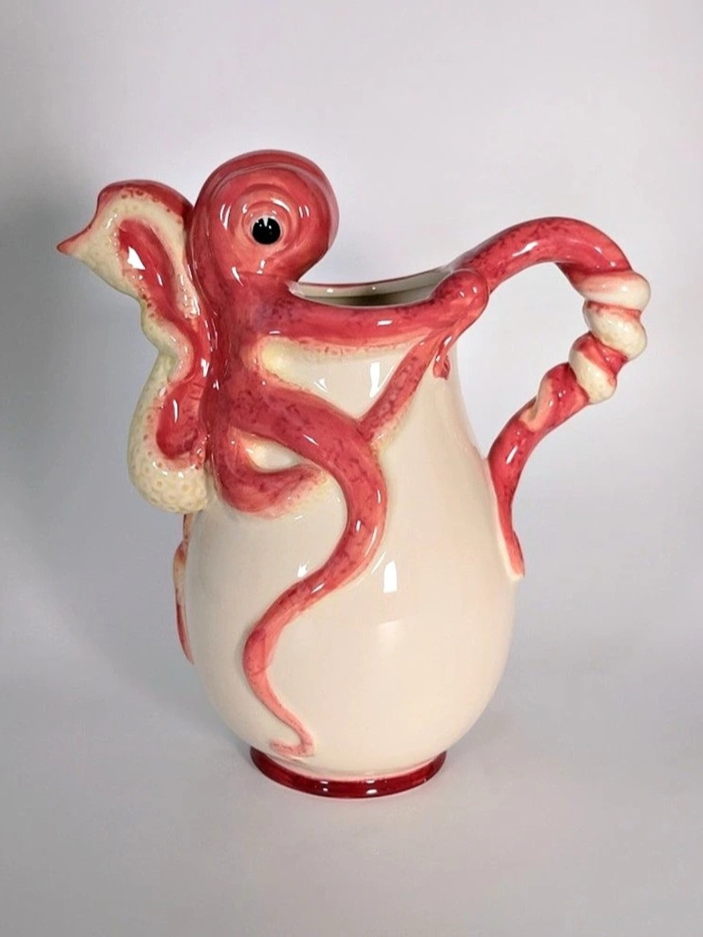 Blue Sky Clayworks Red Octopus Pitcher Pink & Cream Ceramic